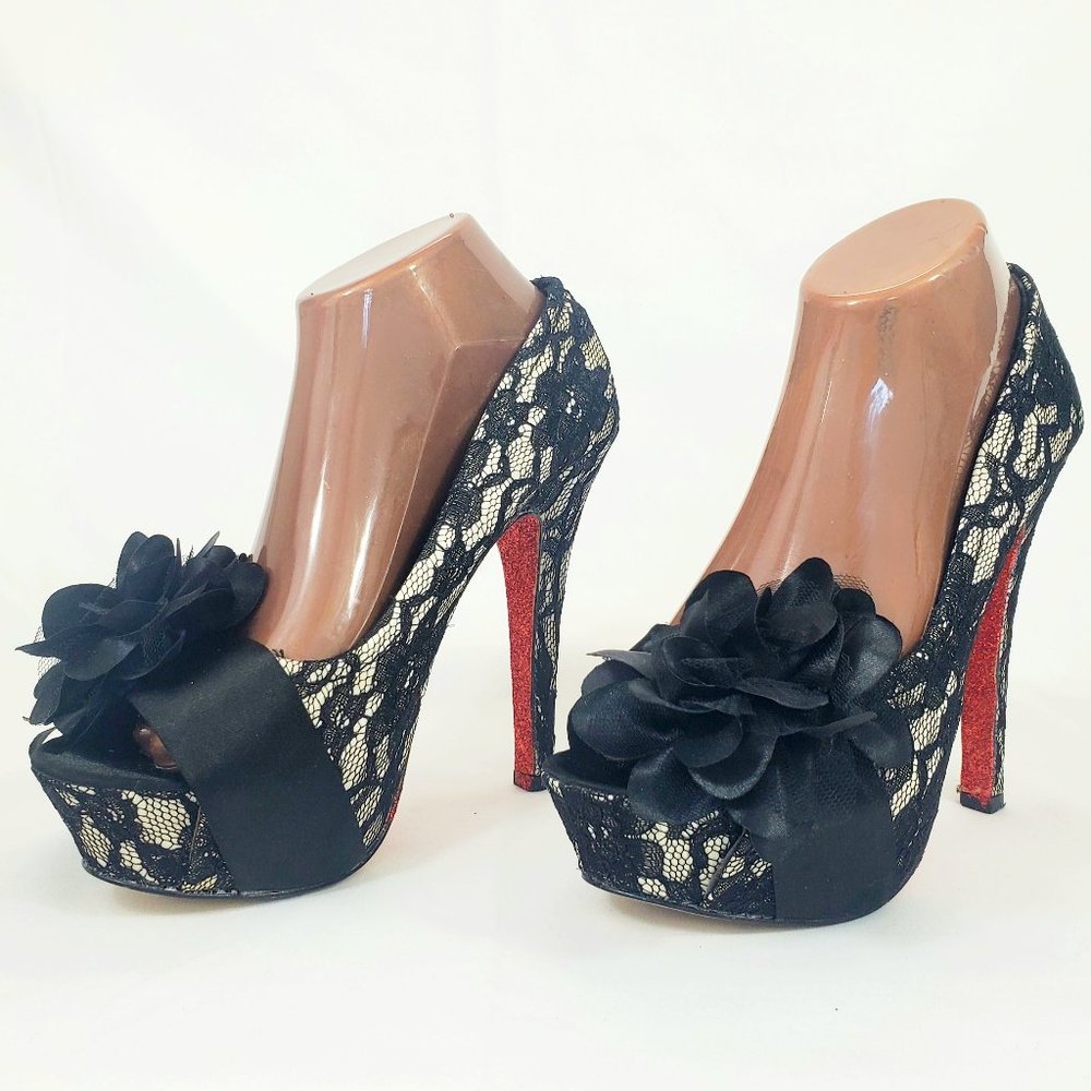 Mojo Moxy Black Floral Lace Platform Stiletto Glitter Heels Size 9 SH1346